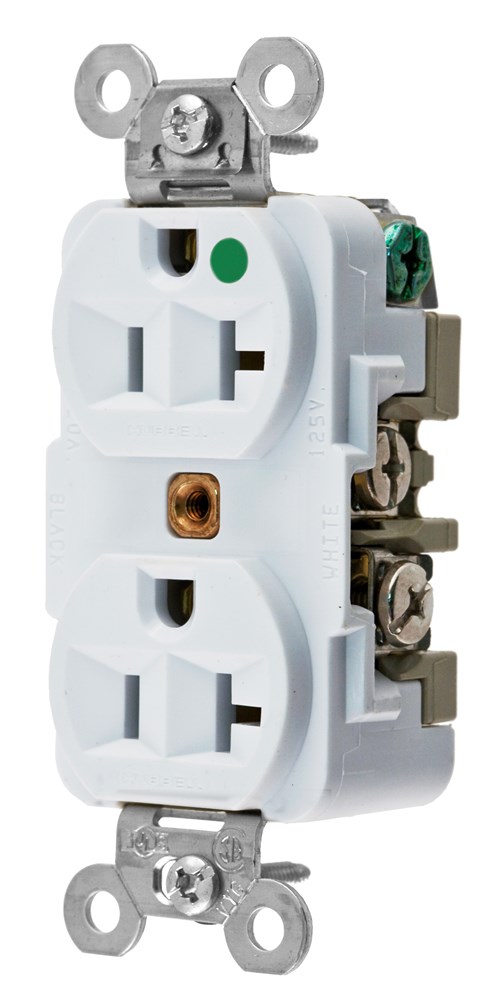 Wiring Device-Kellems HBL8300W 1-Phase Duplex Extra Heavy Duty Self-Grounding Screw Mount Straight Blade Receptacle, 125 VAC, 20 A, 2 Poles, 3 Wires, White