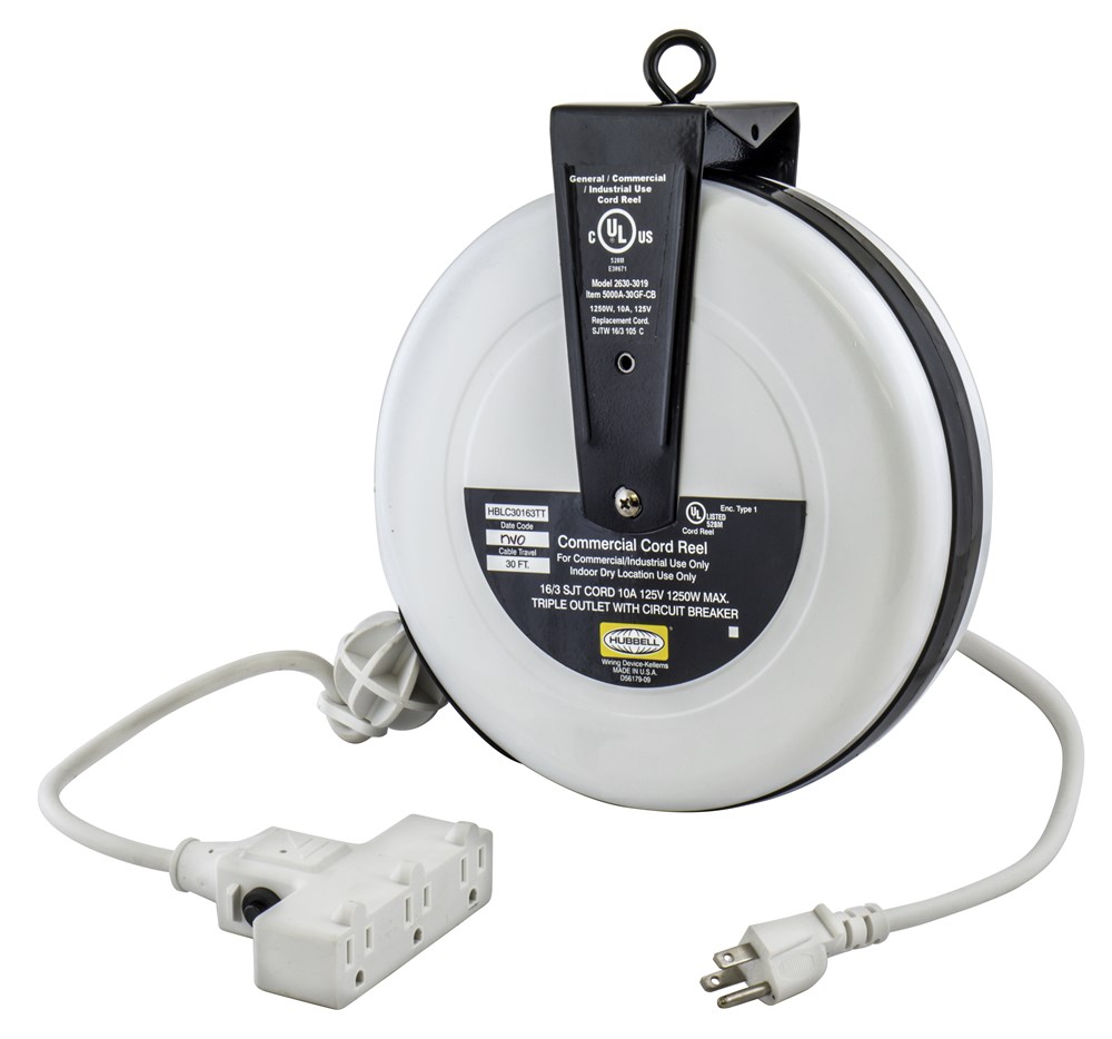 Product image for Hubbell HBLC30163TT Cord Reel, 30ft 16/3 SJEO Cord w/ Triple Tap Outlet