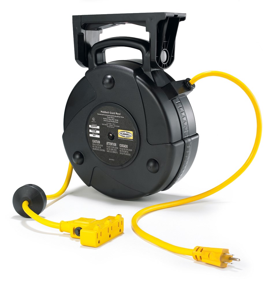 Product image for Hubbell HBLC40123TT Commercial Cord Reel w/ Triple Tap Outlet, 15A, 40ft 12/3-SJTW, Black