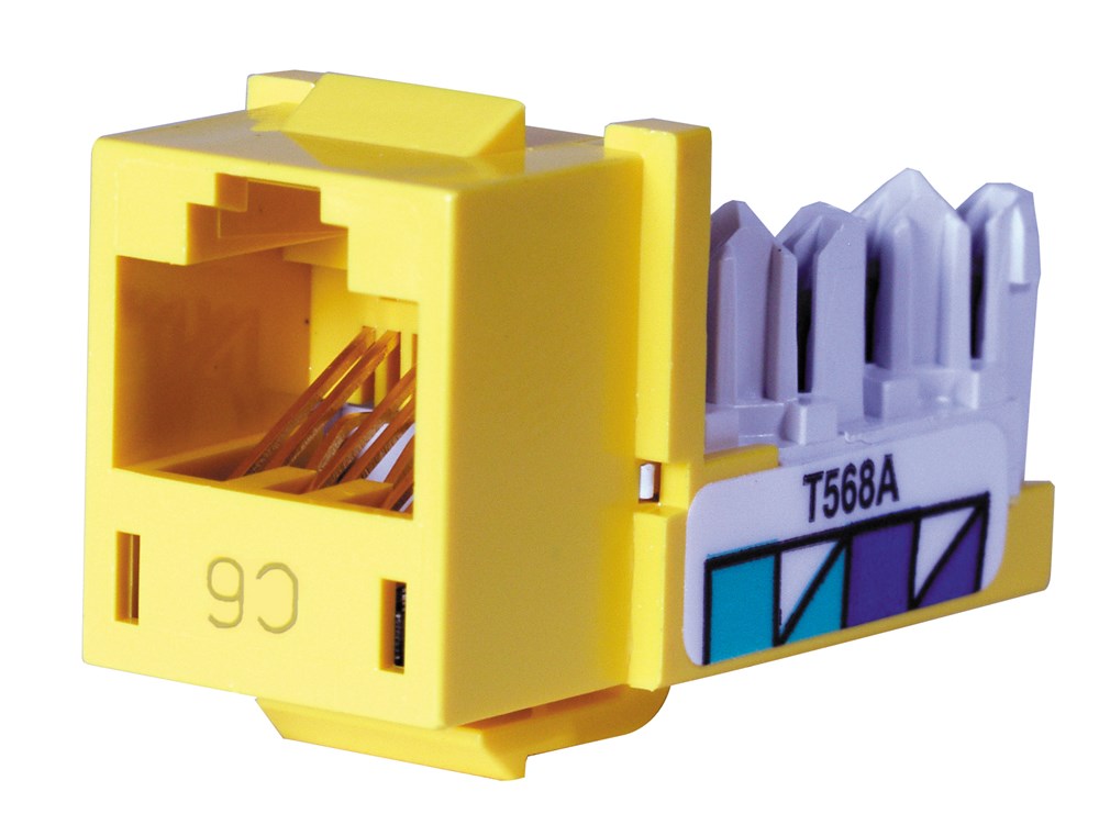 Product image for Hubbell Wiring Devices HXJ6Y25 8-Position Yellow T568A/T568B Category 6 Modular Keystone Jack