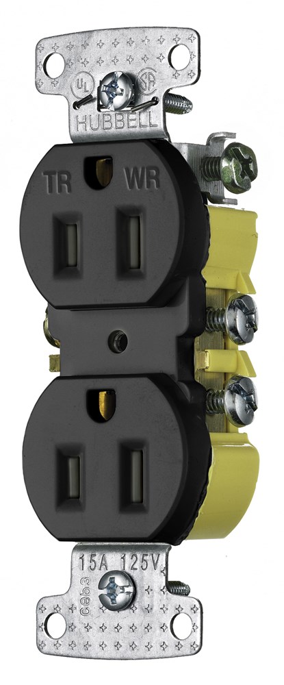 Product image for Hubbell Wiring Devices RR15SBKWRTR 15 Amp 125 Volt 2-Pole 3-Wire NEMA 5-15R Black Duplex Receptacle