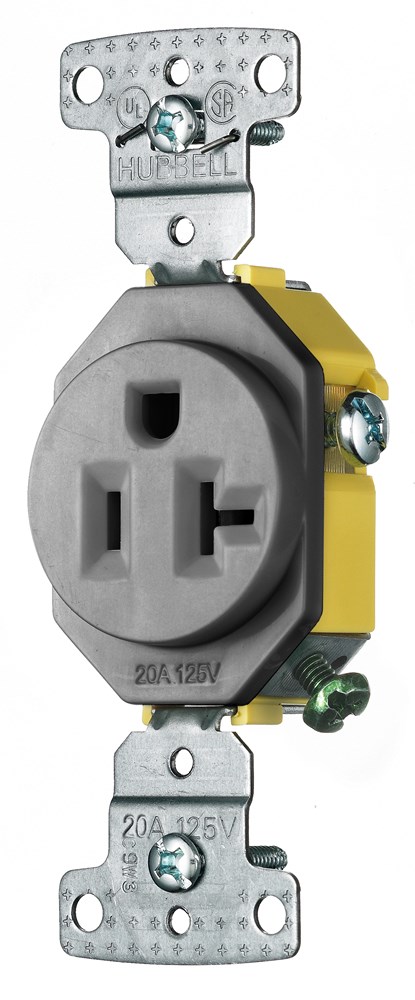 Product image for Hubbell RR201GY RESI SGL Receptacle, 20A 125V, SELF GRND, GY