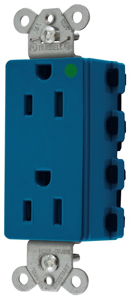 Straight Blade Devices, Receptacles, Decorator Duplex, SNAPConnect 2, Hospital Grade, 15A 125V, 2-Pole 3- WireGrounding, 5-15R, Blue, USA