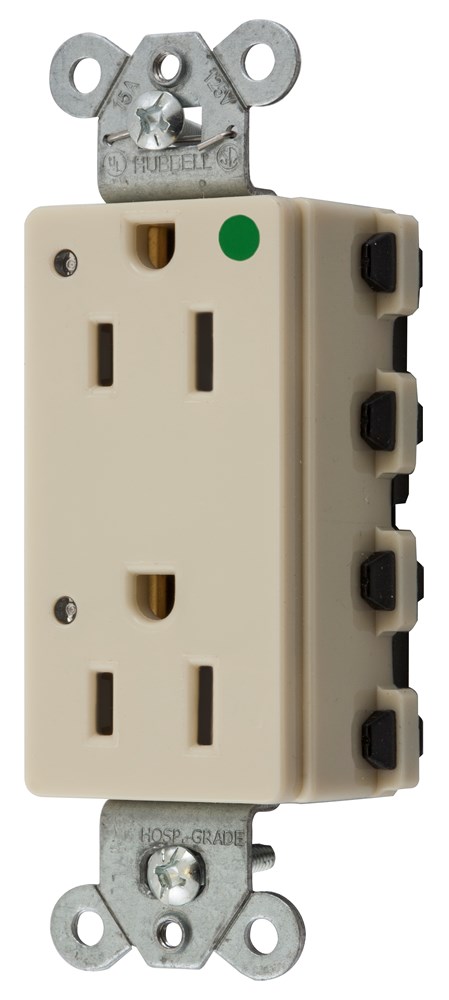 Straight Blade Devices, Receptacles, Style Line Decorator, SNAPConnect, Hospital Grade, LED Indicator, 15A 125V, 2-Pole 3- Wire Grounding, 5-15R, Nylon, Ivory