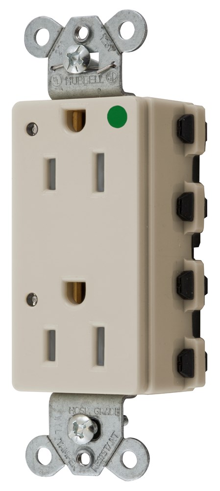 Straight Blade Devices, Receptacles, Style Line Decorator, SNAPConnect, Hospital Grade, Tamper Resistant, LED Indicator, 15A 125V, 2-Pole 3- Wire Grounding, 5-15R, Nylon, Light Almond, USA