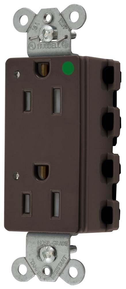 Straight Blade Devices, Receptacles, Style Line Decorator, SNAPConnect, Hospital Grade, Tamper Resistant, LED Indicator, 15A 125V, 2-Pole 3- Wire Grounding, 5-15R, Nylon, Brown, USA