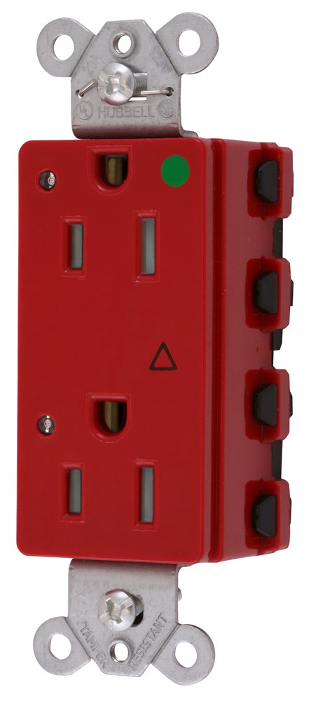 Straight Blade Devices, Receptacles, Style Line Decorator, SNAPConnect, Hospital Grade, Isolated Ground, Tamper Resistant, LED Indicator, 15A 125V, 2-Pole 3- Wire Grounding, 5-15R, Nylon, Red