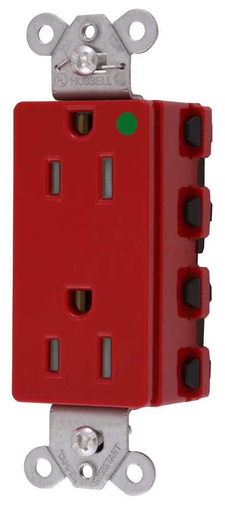 Straight Blade Devices, Receptacles, Style Line Decorator, SNAPConnect, Hospital Grade, Tamper Resistant, 15A 125V, 2-Pole 3- Wire Grounding, 5-15R, Nylon, Red, USA