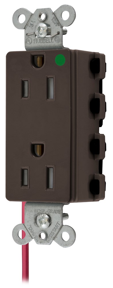 Straight Blade Devices, Receptacles, Style Line Decorator, SNAPConnect, Hospital Grade, Tamper Resistant, Split Circuit, 15A 125V, 2-Pole 3- Wire Grounding, 5-15R, Nylon, Brown, USA