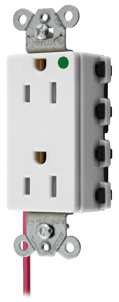 Straight Blade Devices, Receptacles, Style Line Decorator, SNAPConnect, Hospital Grade, Tamper Resistant, Split Circuit, 15A 125V, 2-Pole 3- Wire Grounding, 5-15R, Nylon, White, USA