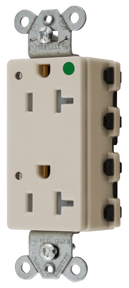 Straight Blade Devices, Receptacles, Style Line Decorator, SNAPConnect, Hospital Grade, Tamper Resistant, LED Indicator, 20A 125V, 2-Pole 3- Wire Grounding, 5-20R, Nylon, Light Almond, USA