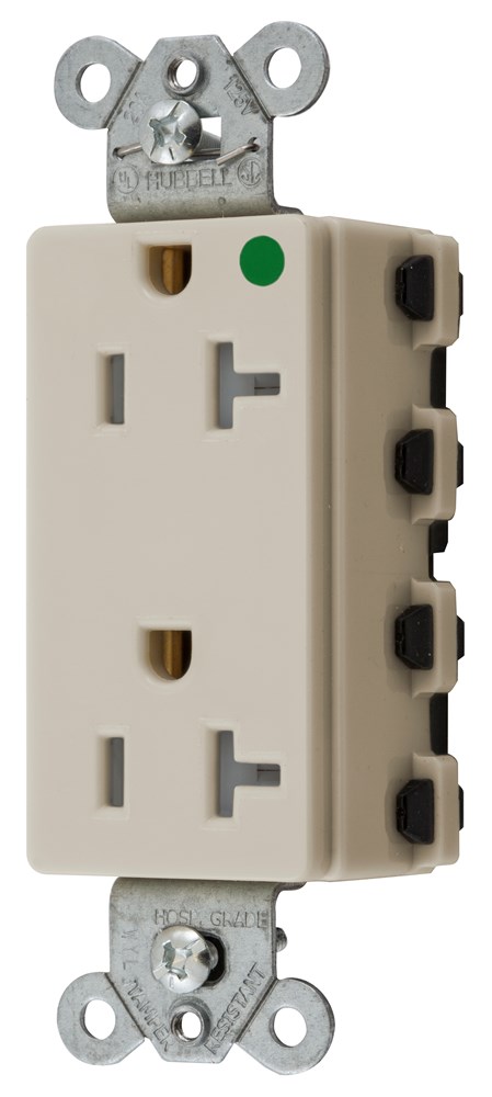 Straight Blade Devices, Receptacles, Style Line Decorator, SNAPConnect, Hospital Grade, Tamper Resistant, 20A 125V, 2-Pole 3- Wire Grounding, 5-20R, Nylon, Light Almond, USA
