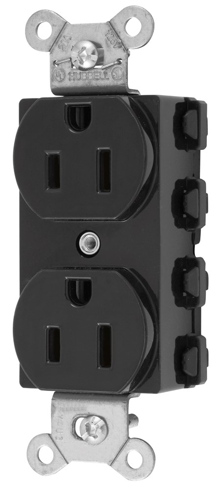 Straight Blade Devices, Receptacles, Duplex, SNAPConnect, 2-Pole 3-Wire Grounding, 15A 125V, 5-15R, Nylon, Black, USA.