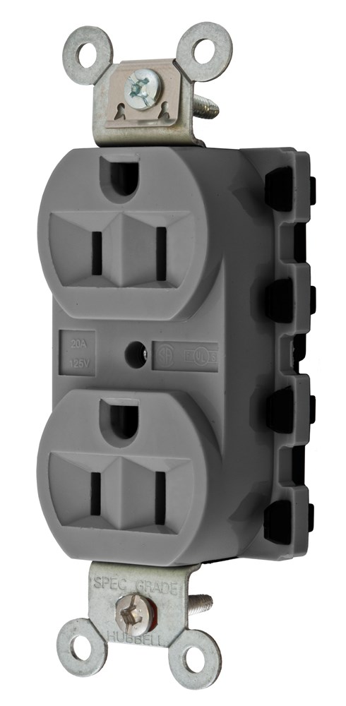 Straight Blade Devices, Receptacles, Duplex, SNAPConnect, 15A 125V, 2-Pole 3-Wire Grounding, 5-15R, Nylon, Gray.