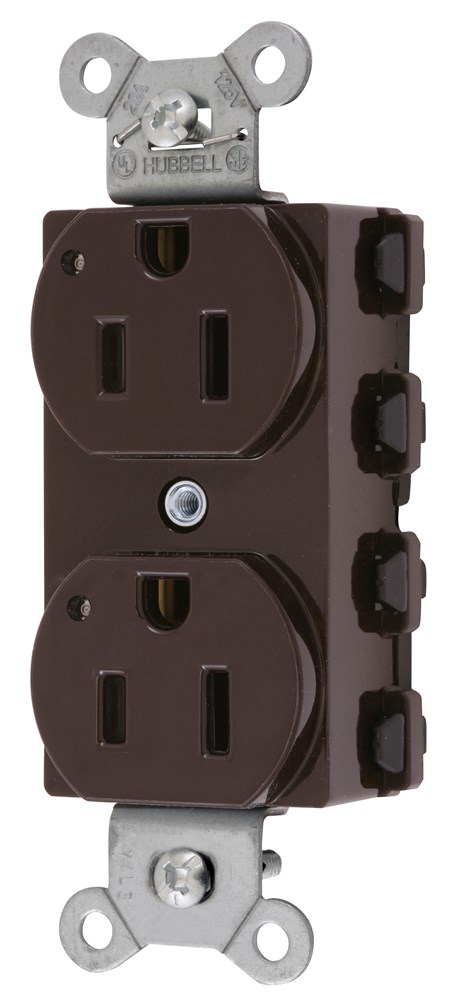 Straight Blade Devices, Receptacles, Duplex, SNAPConnect, LED Indicator, 15A 125V, 2-Pole 3-Wire Grounding, 5-15R, Nylon, Brown