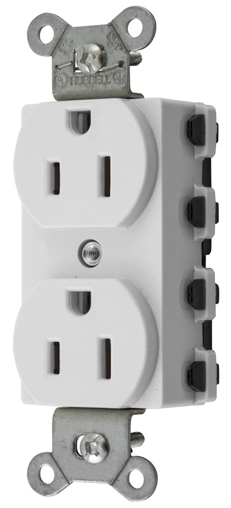 Straight Blade Devices, Receptacles, Duplex, SNAPConnect, 2-Pole 3-Wire Grounding, 15A 125V, 5-15R, Nylon, White, USA.