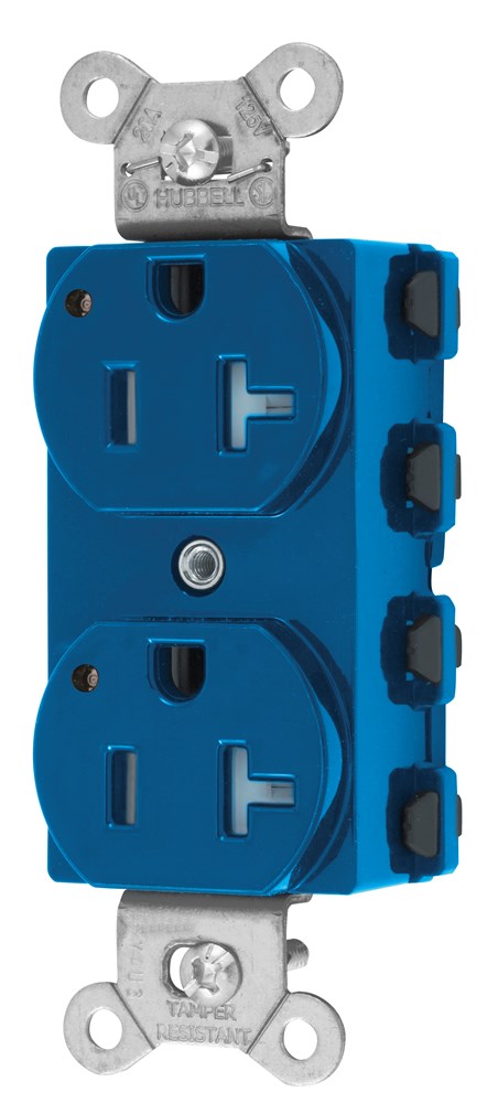 Straight Blade Devices, Receptacles, Duplex, SNAPConnect, Tamper Resistant, LED Indicator, 20A 125V, 2-Pole 3-Wire Grounding, 5-20R, Nylon, Blue, USA