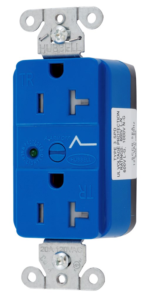 Straight Blade Devices, Receptacles, Duplex, SNAPConnect, Surge supression, Tamper Resistant, LED Indicator, 20A 125V, 2-Pole 3-Wire Grounding, 5-20R, Nylon, Blue
