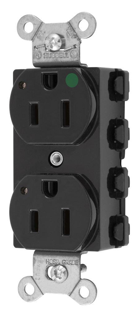 Straight Blade Devices, Receptacles, Duplex, SNAPConnect, Hospital Grade, LED Indicator, 15A 125V, 2-Pole 3-Wire Grounding, 5-15R, Nylon, Black