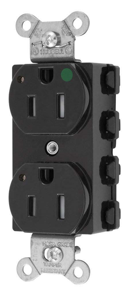 Straight Blade Devices, Receptacles, Duplex, SNAPConnect, Hospital Grade, LED Indicator, Tamper Resistant, 15A 125V, 2-Pole 3-Wire Grounding, 5-15R, Nylon, Black, USA