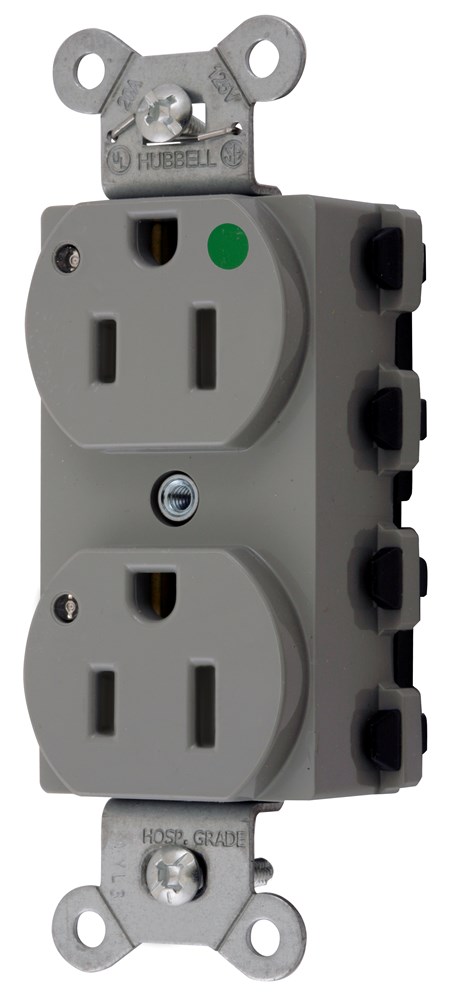 Straight Blade Devices, Receptacles, Duplex, SNAPConnect, Hospital Grade, LED Indicator, 15A 125V, 2-Pole 3-Wire Grounding, 5-15R, Nylon, Gray