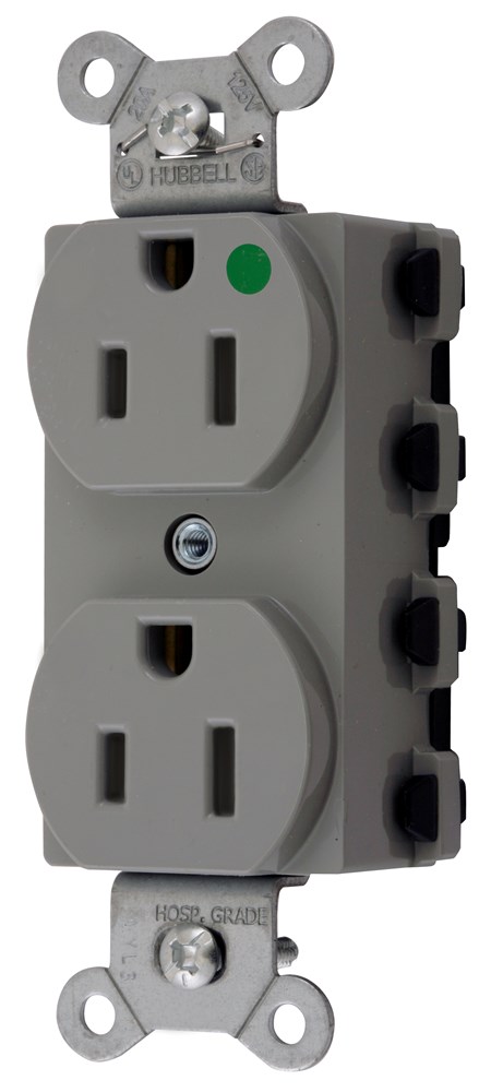 Straight Blade Devices, Receptacles, Duplex, SNAPConnect, Hospital Grade, 15A 125V, 2-Pole 3-Wire Grounding, 5-15R, Nylon, Gray, USA