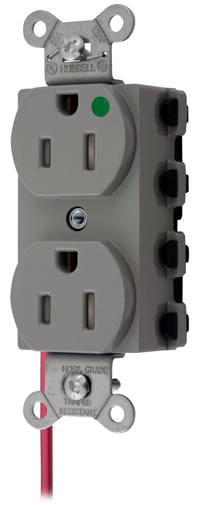 Straight Blade Devices, Receptacles, Duplex, SNAPConnect, Hospital Grade,Tamper Resistant, Split Circuit, 15A 125V, 2-Pole 3-Wire Grounding, 5-15R, Nylon, Gray, USA
