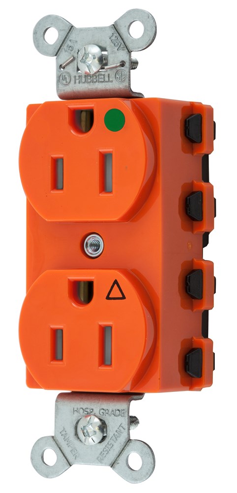 Straight Blade Devices, Receptacles, Duplex, SNAPConnect, Hospital Grade, Isolated Ground, Tamper Resistant, 15A 125V, 2-Pole 3-Wire Grounding, 5-15R, Nylon, Orange