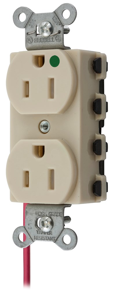 Straight Blade Devices, Receptacles, Duplex, SNAPConnect, Hospital Grade, Tamper Resistant, Split Circuit, 15A 125V, 2-Pole 3-Wire Grounding, 5-15R, Nylon, Ivory, USA