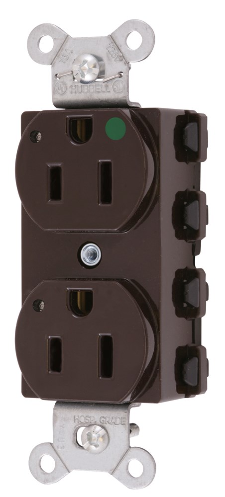 Straight Blade Devices, Receptacles, Duplex, SNAPConnect, Hospital Grade, LED Indicator, 15A 125V, 2-Pole 3-Wire Grounding, 5-15R, Nylon, Brown