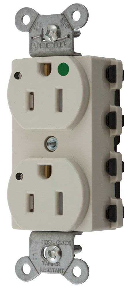 Straight Blade Devices, Receptacles, Duplex, SNAPConnect, Hospital Grade, Tamper Resistant, LED Indicator, 15A 125V, 2-Pole 3-Wire Grounding, 5-15R, Nylon, Light Almond, USA