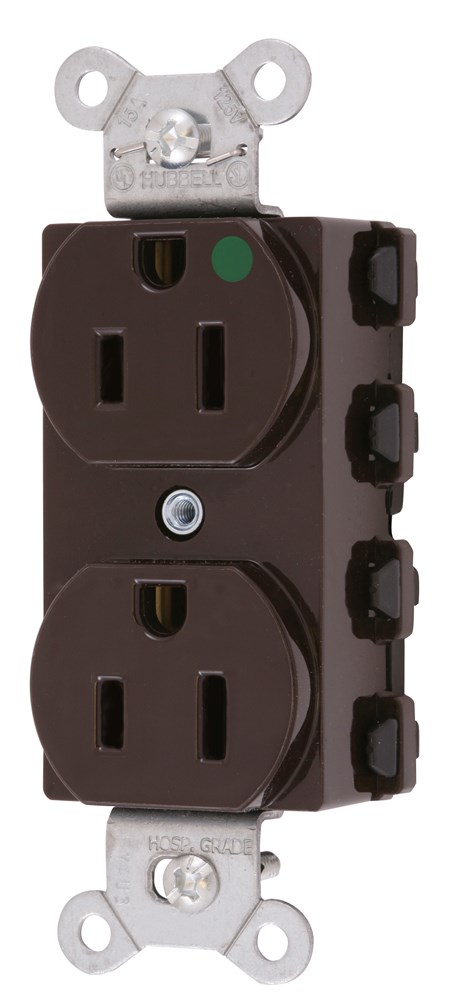 Straight Blade Devices, Receptacles, Duplex, SNAPConnect, Hospital Grade, 15A 125V, 2-Pole 3-Wire Grounding, 5-15R, Nylon, Brown, USA