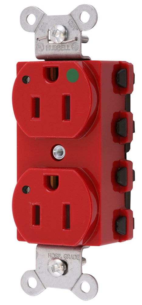 Straight Blade Devices, Receptacles, Duplex, SNAPConnect, Hospital Grade, LED Indicator, 15A 125V, 2-Pole 3-Wire Grounding, 5-15R, Nylon, Red