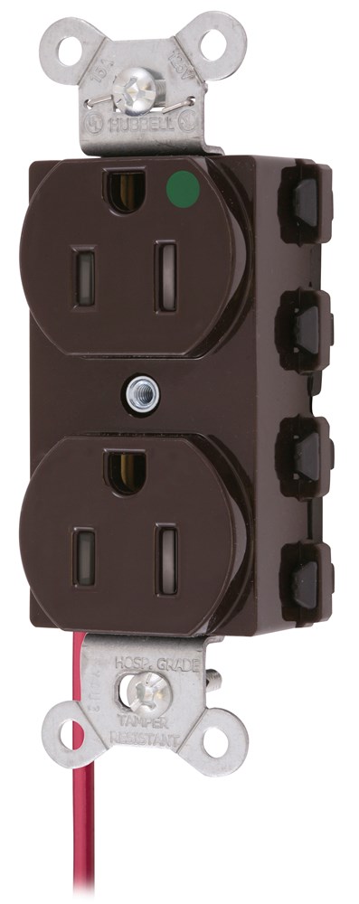 Straight Blade Devices, Receptacles, Duplex, SNAPConnect, Hospital Grade, Tamper Resistant, Split Circuit, 15A 125V, 2-Pole 3-Wire Grounding, 5-15R, Nylon, Brown, USA