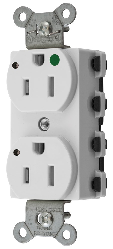 Straight Blade Devices, Receptacles, Duplex, SNAPConnect, Hospital Grade, Tamper Resistant, LED Indicator, 15A 125V, 2-Pole 3-Wire Grounding, 5-15R, Nylon, White, USA