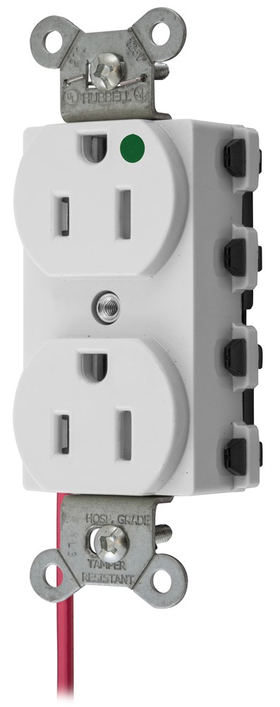 Straight Blade Devices, Receptacles, Duplex, SNAPConnect, Hospital Grade, Tamper Resistant, Split Circuit, 15A 125V, 2-Pole 3-Wire Grounding, 5-15R, Nylon, White, USA