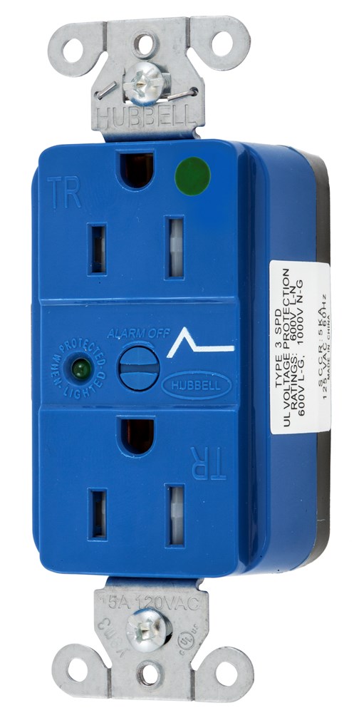 Straight Blade Devices, Decorator Duplex Receptacle, Hospital Grade, SNAP-Connect, Surge supression, Tamper Resistant, LED Indicator, 15A 125V, 2- Pole 3-Wire Grounding, 5-15R, Nylon, Blue
