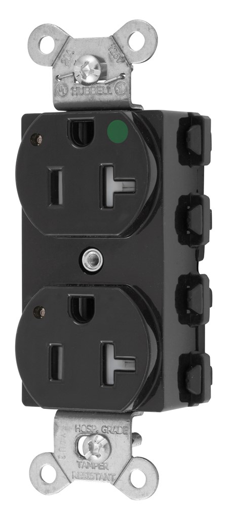 Straight Blade Devices, Receptacles, Duplex, SNAPConnect, Hospital Grade, Tamper Resistant, LED Indicator, 20A 125V, 2-Pole 3-Wire Grounding, 5-20R, Nylon, Black, USA