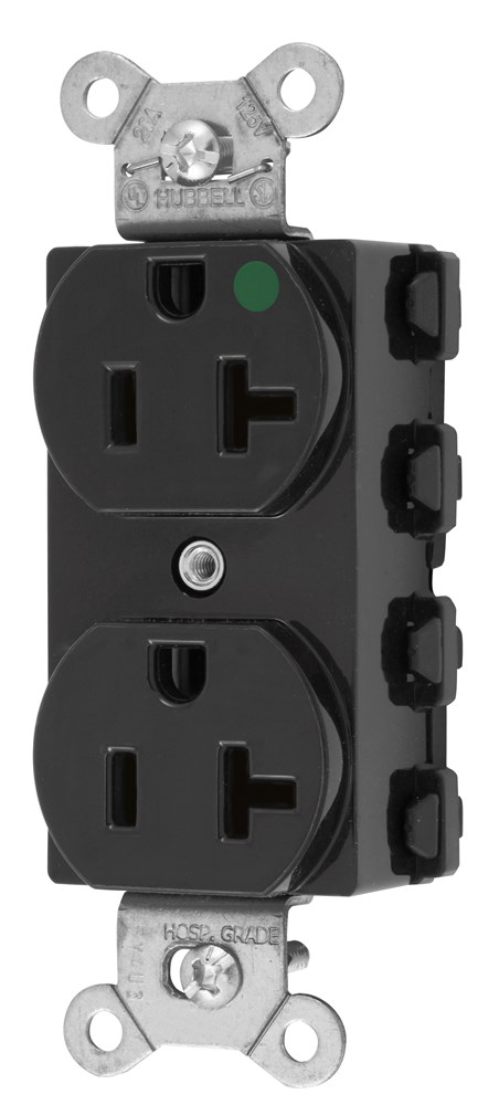 Straight Blade Devices, Receptacles, Duplex, SNAPConnect, Hospital Grade, 20A 125V, 2-Pole 3-Wire Grounding, 5-20R, Nylon, Black, USA