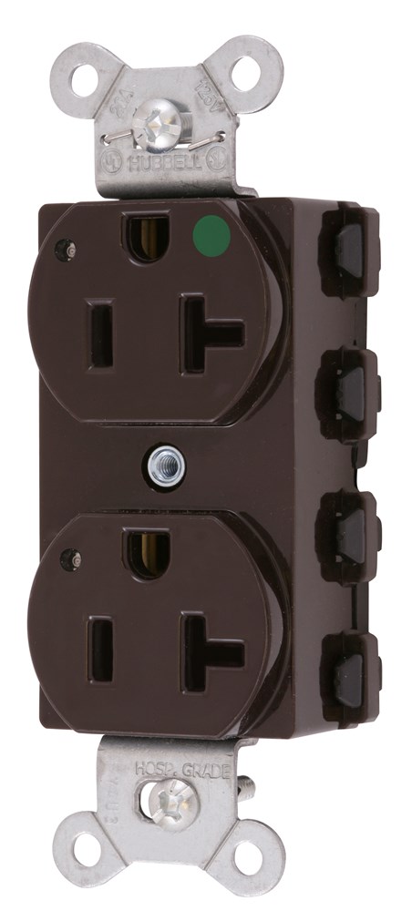 Straight Blade Devices, Receptacles, Duplex, SNAPConnect, Hospital Grade, LED Indicator, 20A 125V, 2-Pole 3-Wire Grounding, 5-20R, Nylon, Brown