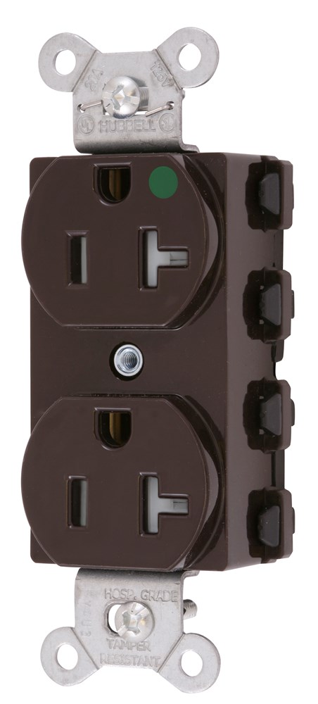 Straight Blade Devices, Receptacles, Duplex, SNAPConnect, Hospital Grade, Tamper Resistant, 20A 125V, 2-Pole 3-Wire Grounding, 5-20R, Nylon, Brown, USA