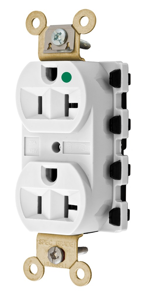 Straight Blade Devices, Receptacles, Duplex, SNAPConnect, Hospital Grade, 20A 125V, 2-Pole 3-Wire Grounding, 5-20R, Nylon, White