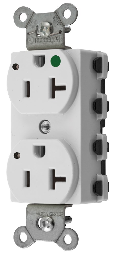 Straight Blade Devices, Receptacles, Duplex, SNAPConnect, Hospital Grade, LED Indicator, 20A 125V, 2-Pole 3-Wire Grounding, 5-20R, Nylon, White