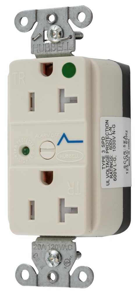 Straight Blade Devices, Decorator Duplex Receptacle, Hospital Grade, SNAP-Connect, Surge supression, Tamper Resistant, LED Indicator, 20A 125V, 2- Pole 3-Wire Grounding, 5-20R, Nylon, Light Almond