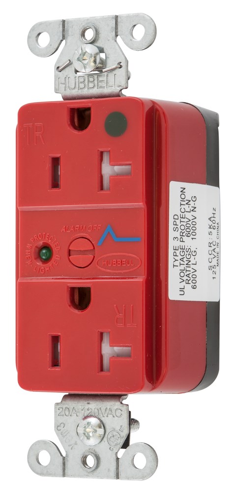 Straight Blade Devices, Decorator Duplex Receptacle, Hospital Grade, SNAP-Connect, Surge supression, Tamper Resistant, LED Indicator, 20A 125V, 2- Pole 3-Wire Grounding, 5-20R, Nylon, Red