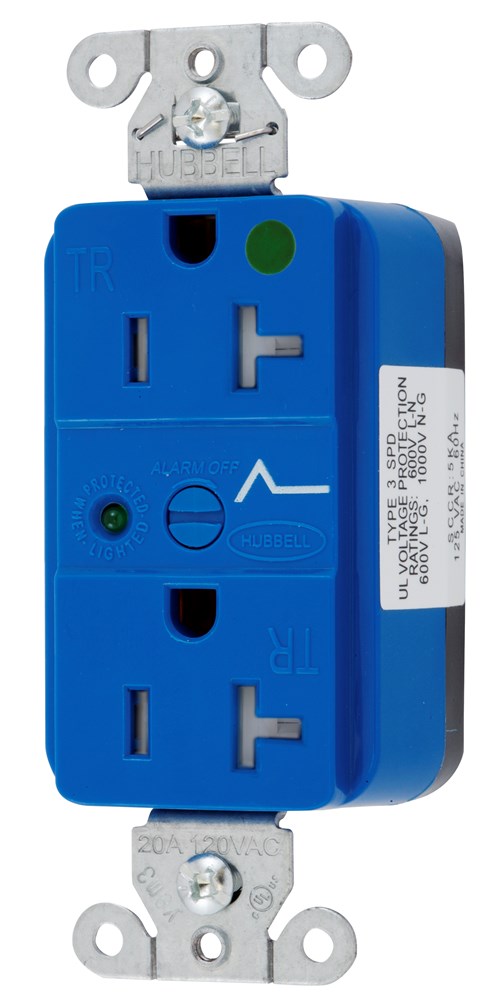 Straight Blade Devices, Decorator Duplex Receptacle, Hospital Grade, SNAP-Connect, Surge supression, Tamper Resistant, LED Indicator, 20A 125V, 2- Pole 3-Wire Grounding, 5-20R, Nylon, Blue