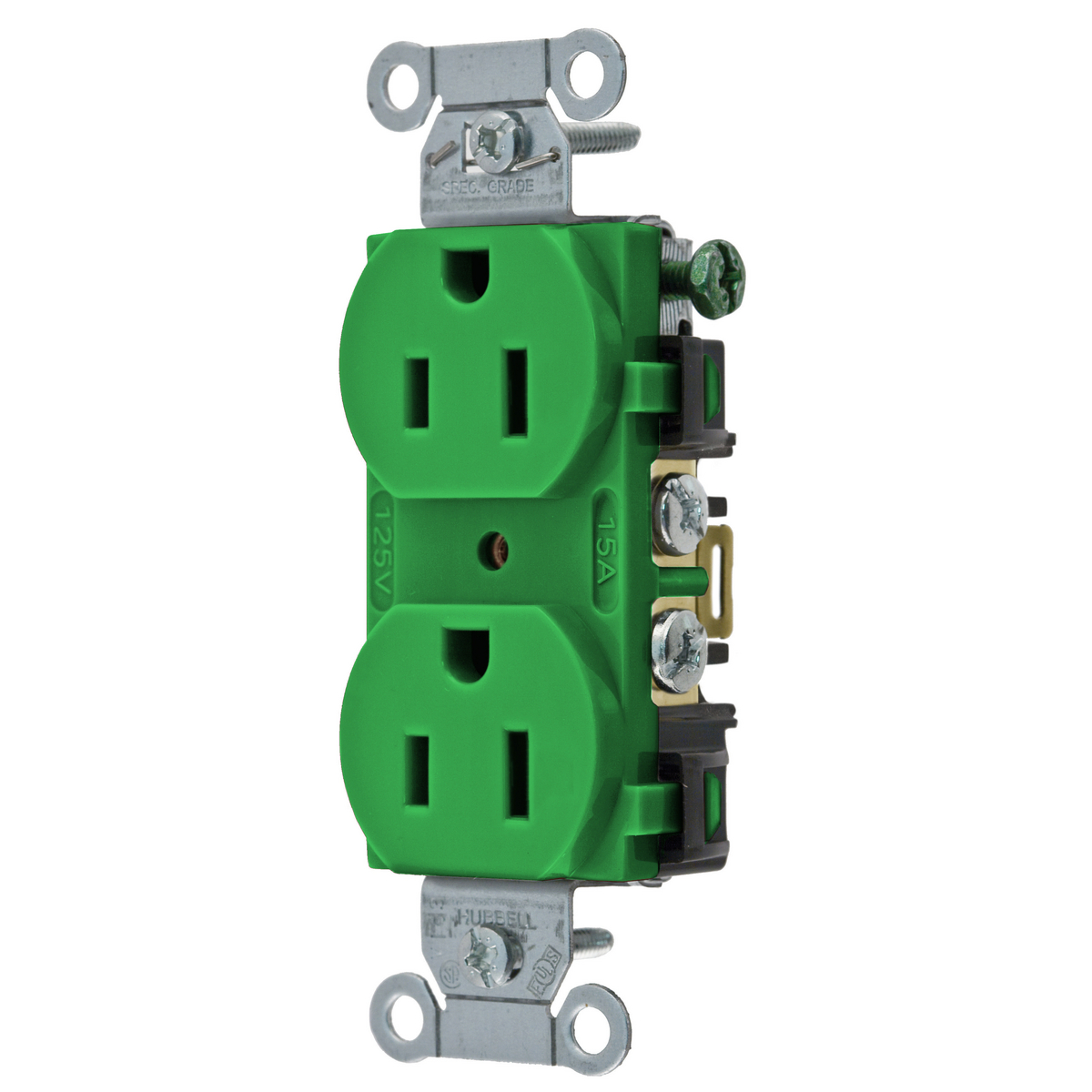 Product image for Hubbell BR15GN Receptacle, DUP SB, COM GRD, 15A 125V, B/S, GN