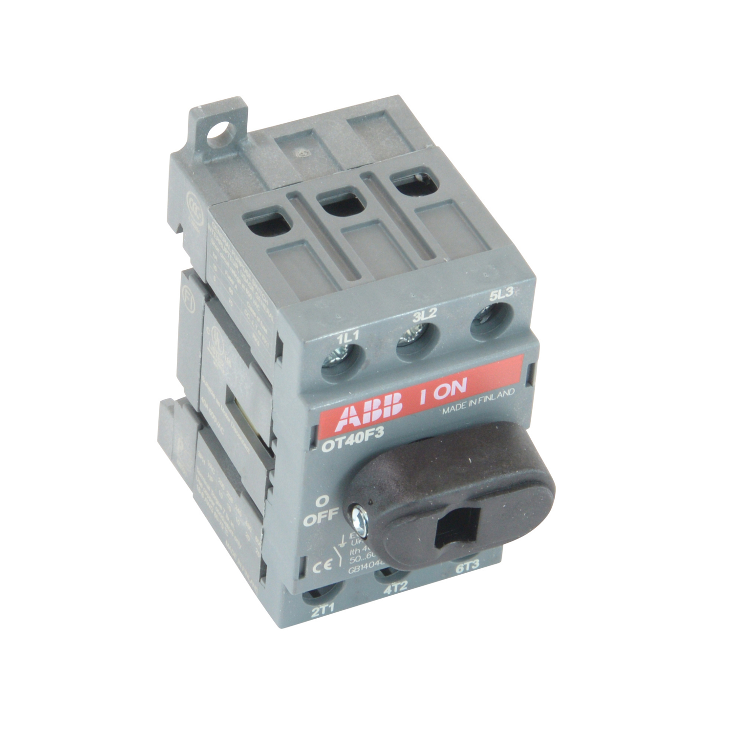 ABB OT40F3 Non-Fused Disconnect Switch. 40 Amp. Base and DIN Rail Mounted. 3-Pole AC. UL 508. For use with 6 mm Shafts and Handles. Integral Lug Kit Included.