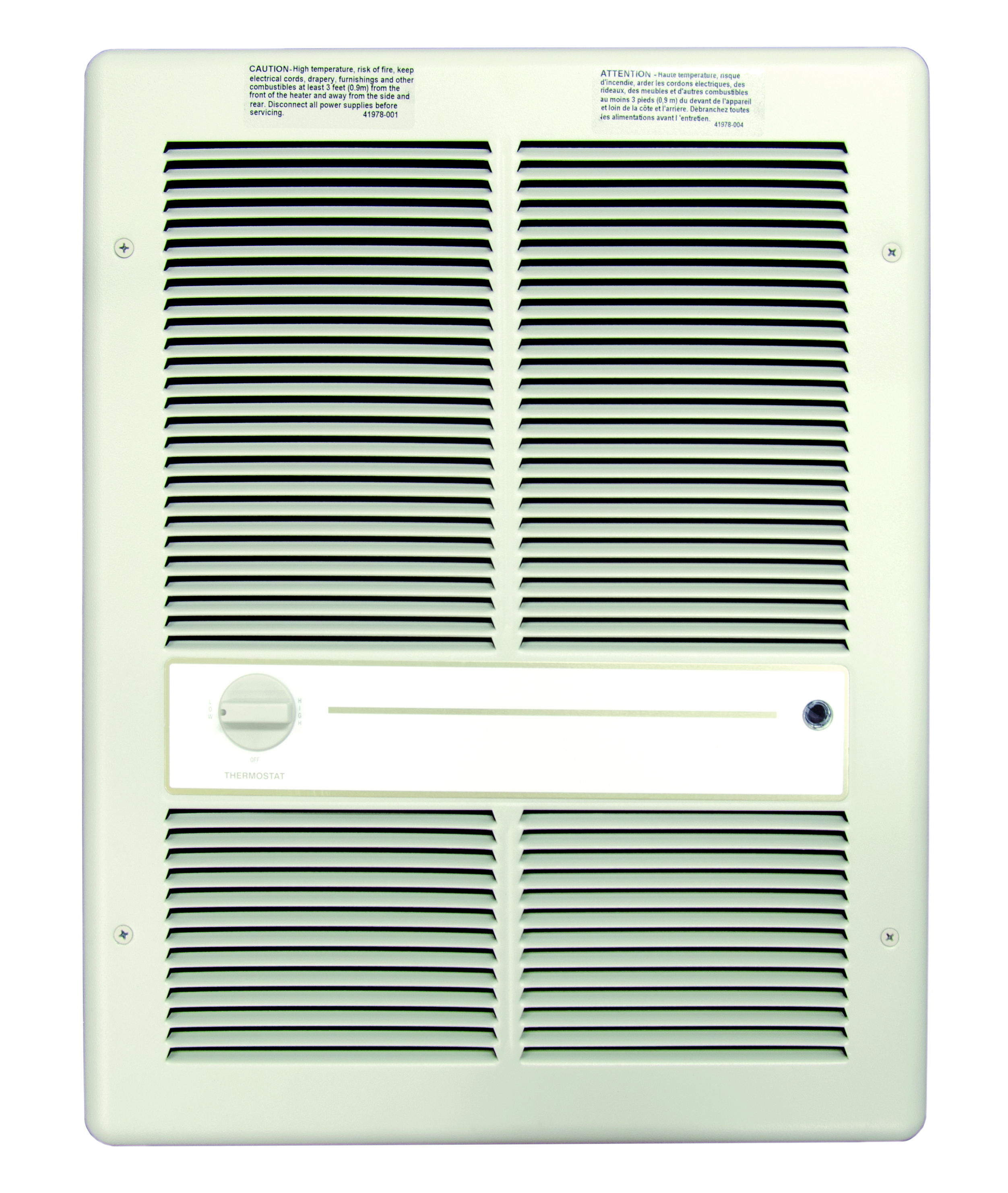 Fan Forced Wall Heater, Maximum Operating Temperature- 90 (Thermostat) DEG F 1 PH, 4000 WTT, 277 V, Wall Mounting, Steel Housing Material, Dimensions- 14-3/16 Width X 19-15/16 Height X 4 Depth IN, BTU Rating- 13648, 14.4 AMP, Ivory