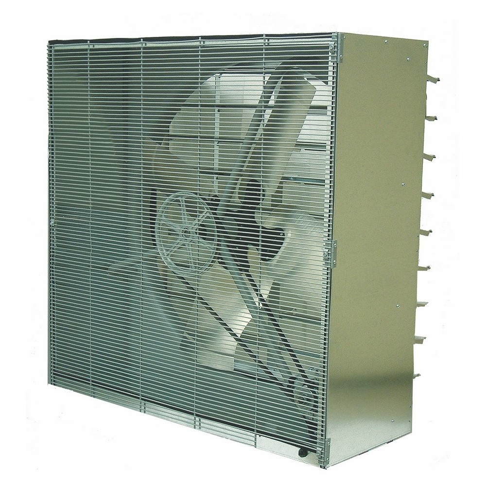 48 IN Cabinet Exhaust Fan, Flow Rate- 21500 CFM, 230/460 V, 3 PH, 3.8/1.9 AMP, Fan Speed- 1725 RPM, Cabinet Mounting, AC Motor, Shaft Diameter- 5/8 IN, Steel Housing Material, Galvanized (Housing)